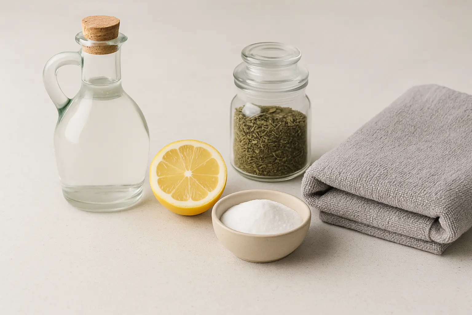 Ingredientes naturais para amaciante natural: vinagre, limão, bicarbonato e toalha cinza sobre mesa clara