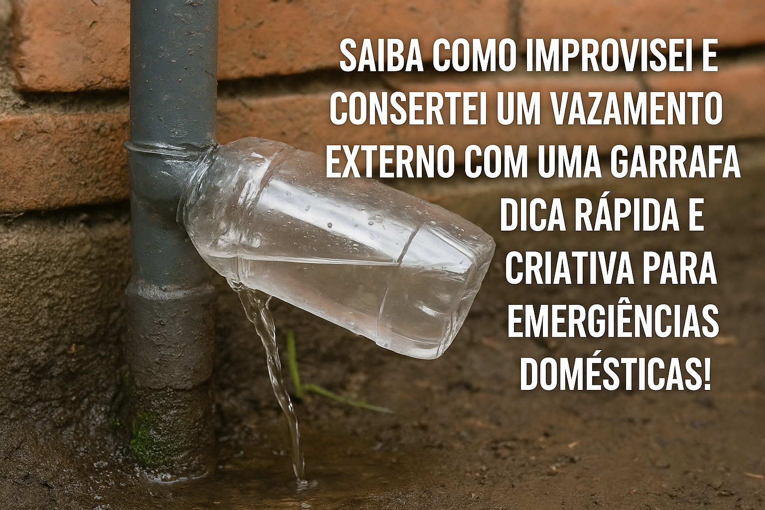 Garrafa PET transparente improvisada vedando vazamento em cano de PVC contra parede de tijolo