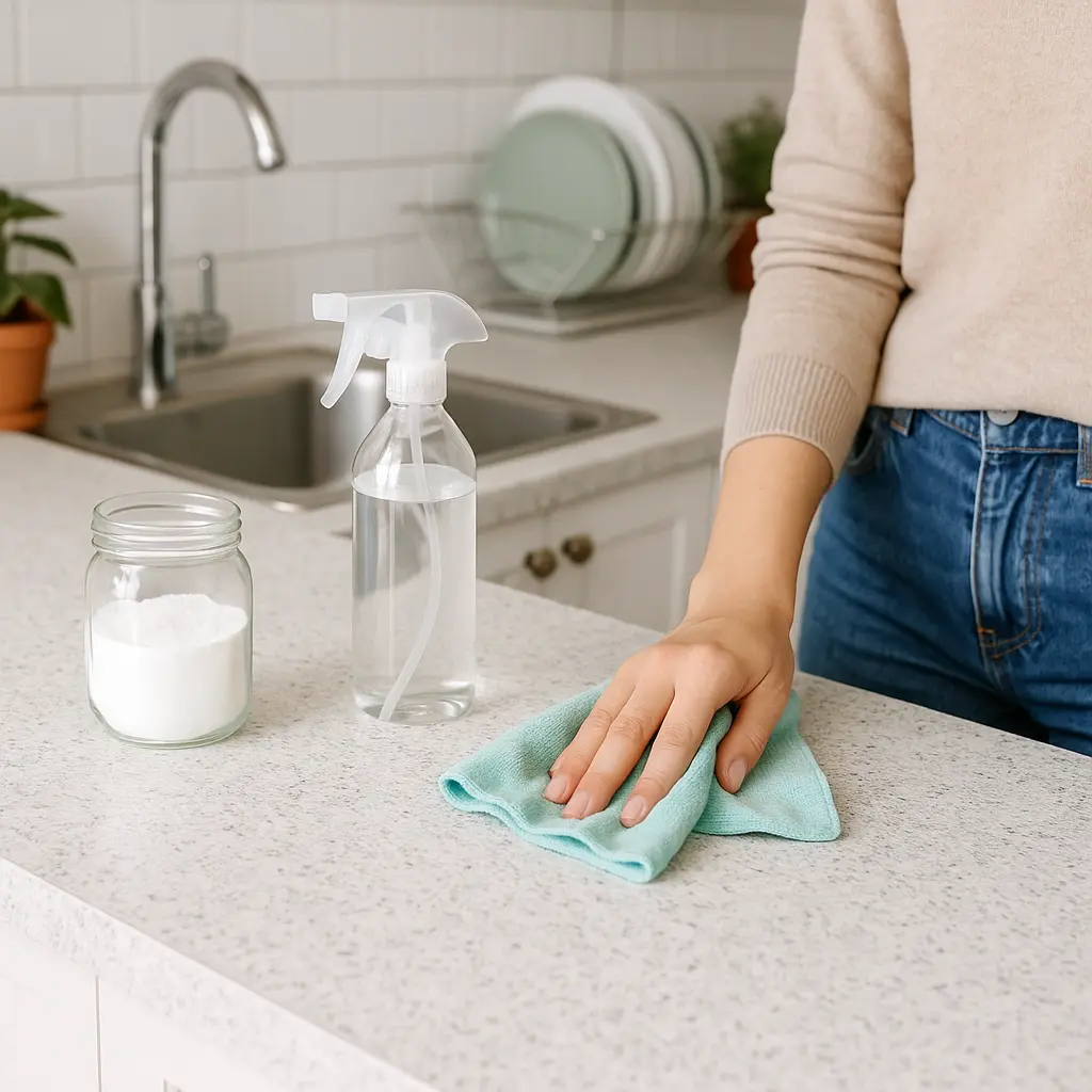 Mulher limpando bancada da cozinha com pano de microfibra azul e produtos caseiros (vinagre e bicarbonato), ao lado de pia, prateleiras e plantas