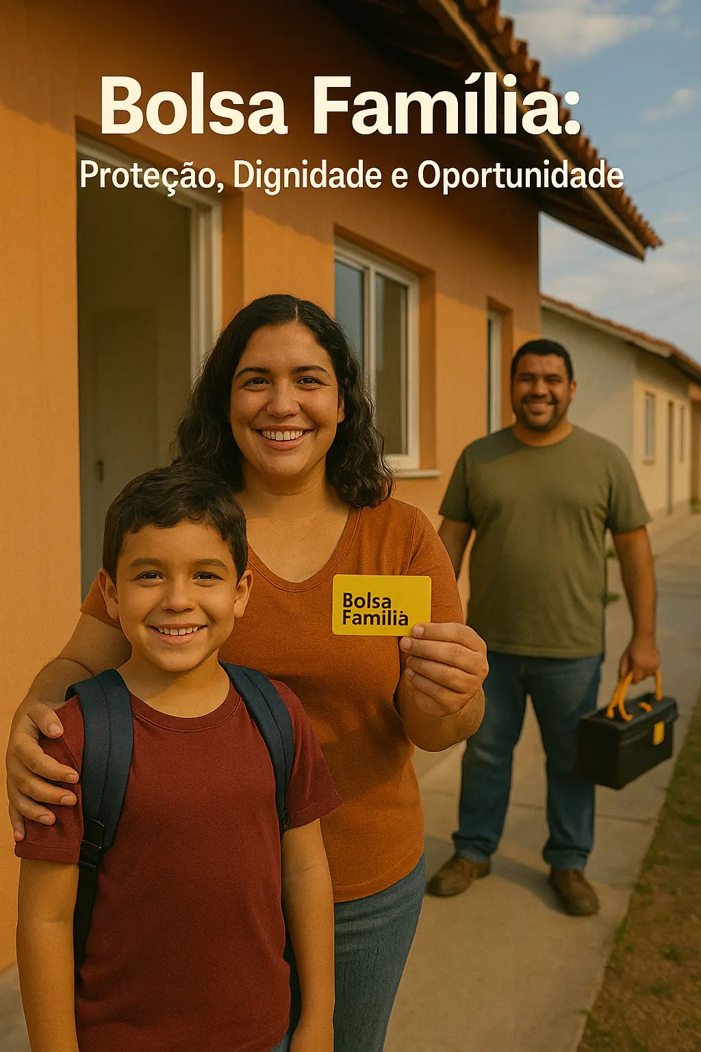 Família brasileira sorridente em frente à casa simples com cartão do Bolsa Família, mochila escolar e caixa de ferramentas