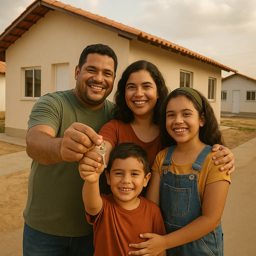 Família brasileira feliz recebe chave da nova casa do Minha Casa, Minha Vida