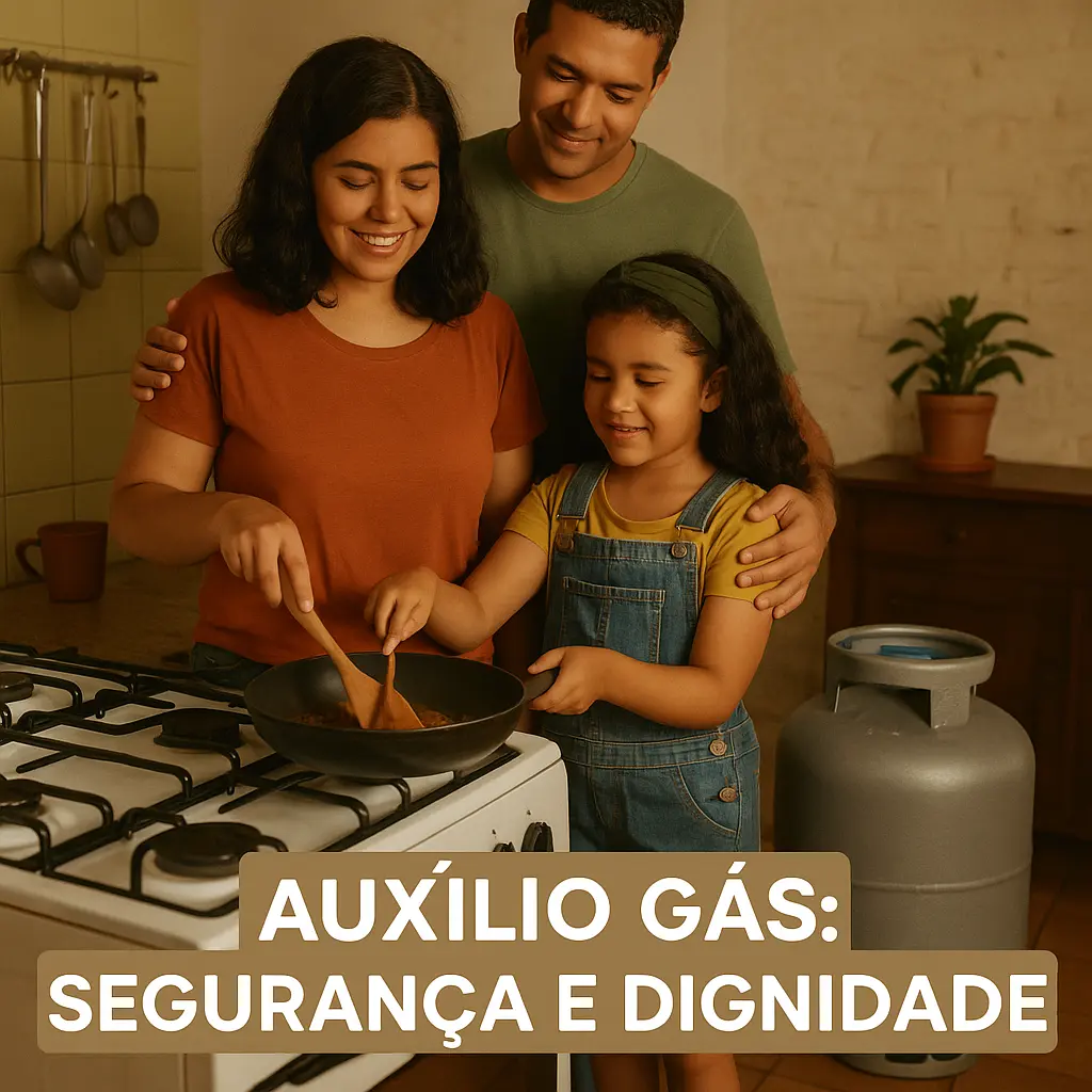 Família simples cozinhando com botijão ao lado representando o Auxílio Gás